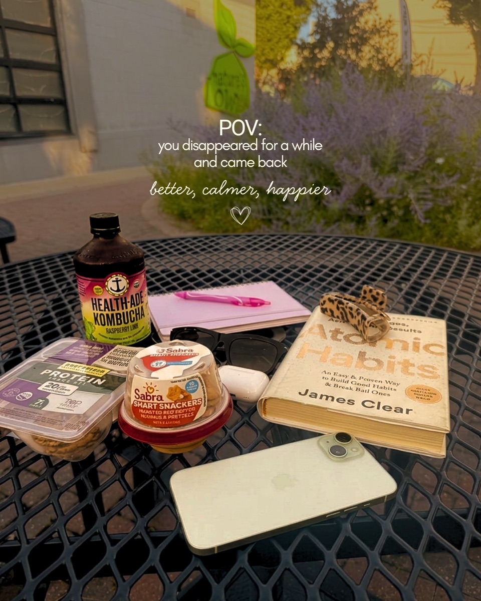 POV-style social media content: an evening flatlay with a book, kombucha, and snacks