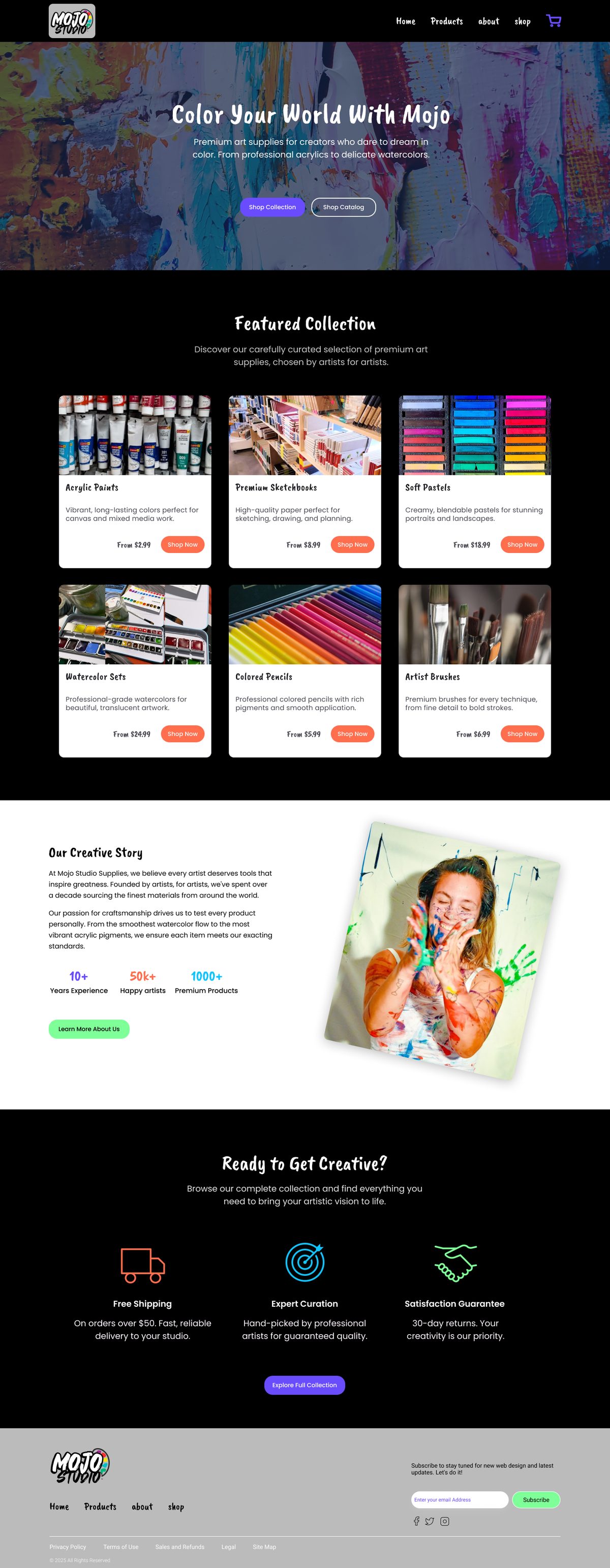 Mojo Studio art supplies landing page mockup